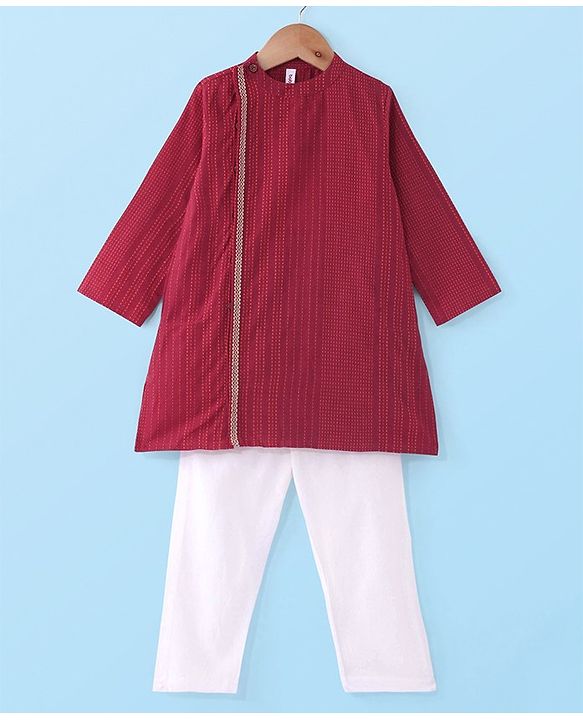 Babyhug 100% Cotton Woven Full Sleeves Dobby Kurta Pyjama Set - Red