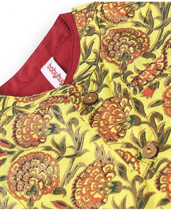 Babyhug Cotton Woven Full Sleeves Solid Kurta & Pajama Set with Floral Print Jacket - Red & Yellow