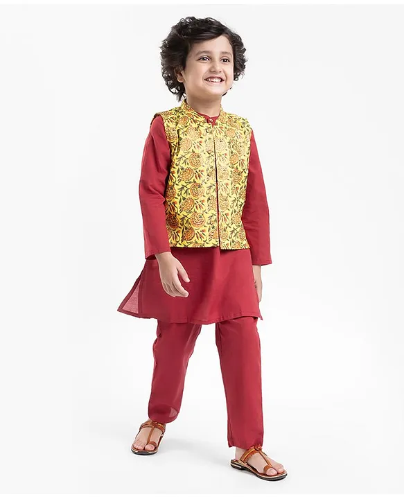 Babyhug Cotton Woven Full Sleeves Solid Kurta Pajama Set with Floral Print Jacket Red Yellow