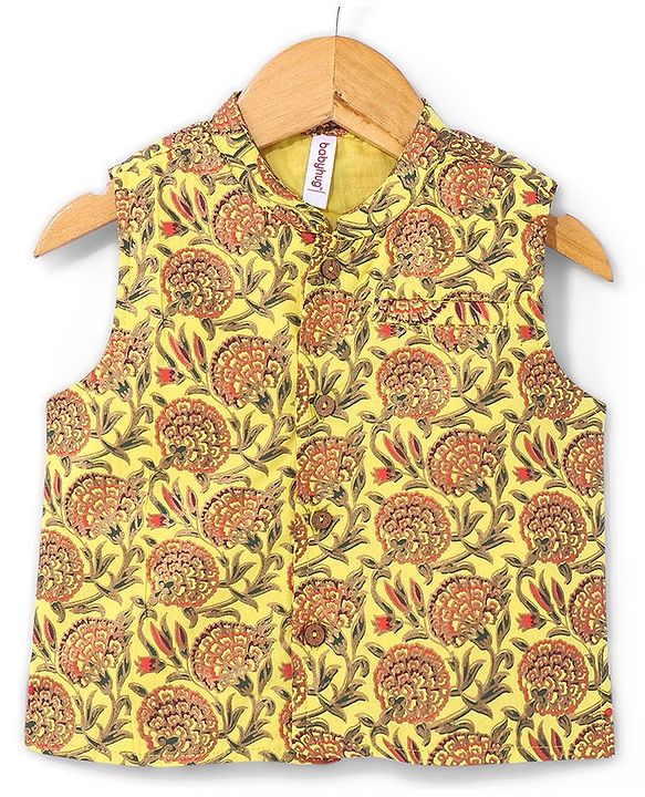 Babyhug Cotton Woven Full Sleeves Solid Kurta & Pajama Set with Floral Print Jacket - Red & Yellow