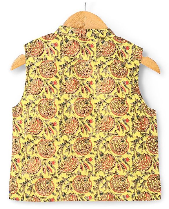 Babyhug Cotton Woven Full Sleeves Solid Kurta & Pajama Set with Floral Print Jacket - Red & Yellow