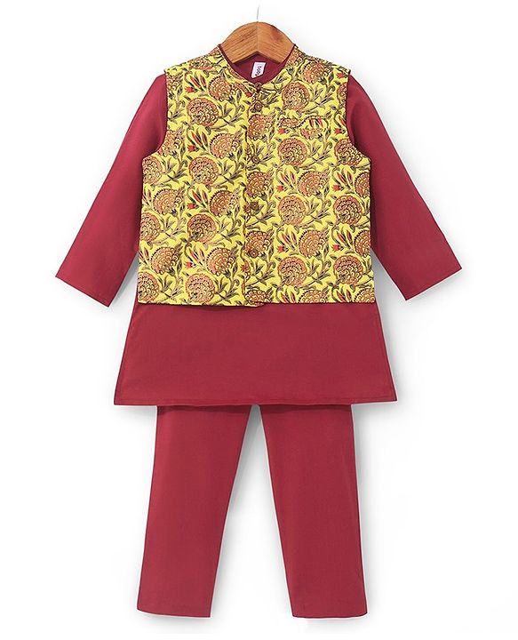 Babyhug Cotton Woven Full Sleeves Solid Kurta & Pajama Set with Floral Print Jacket - Red & Yellow