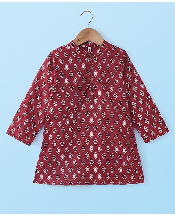 Babyhug Cotton Woven Full Sleeves Floral Printed Kurta Pyjama Set - Red