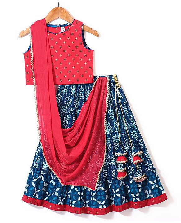 Babyhug Cotton Sleeveless Printed Choli with Lehenga  and Dupatta Set - Indigo
