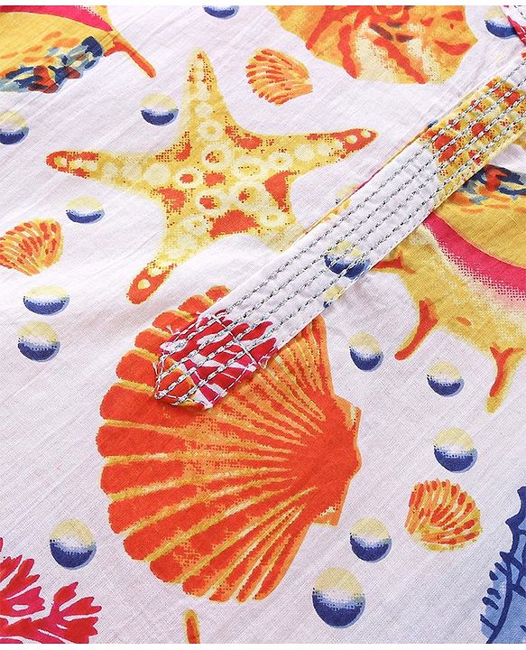 Babyhug Cotton Woven Kurta with Dhoti Set Sea Life Print - White & Yellow