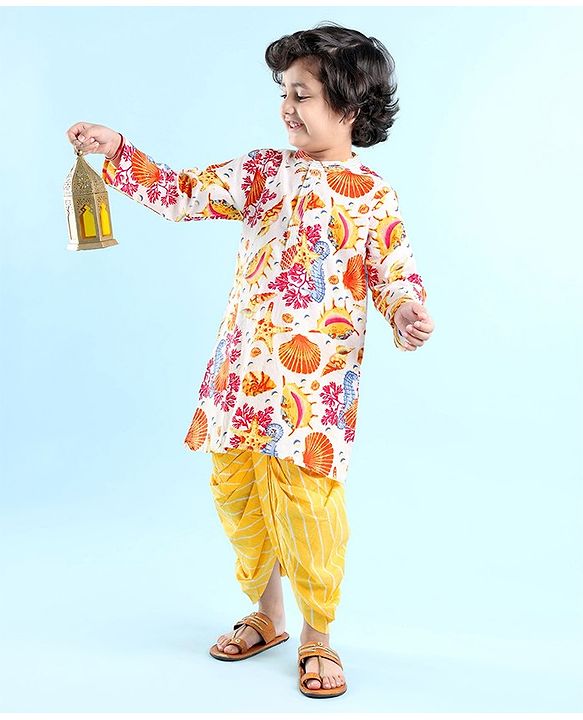 Babyhug Cotton Woven Kurta with Dhoti Set Sea Life Print - White & Yellow