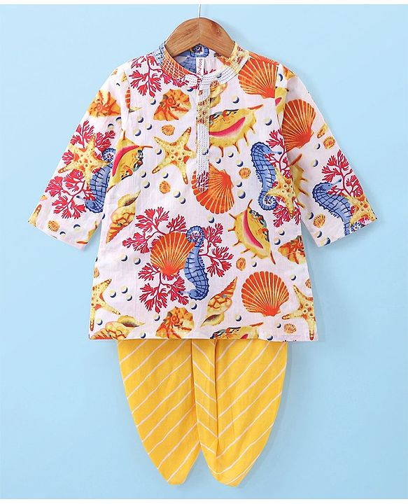 Babyhug Cotton Woven Kurta with Dhoti Set Sea Life Print - White & Yellow
