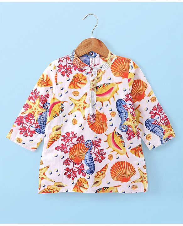 Babyhug Cotton Woven Kurta with Dhoti Set Sea Life Print - White & Yellow