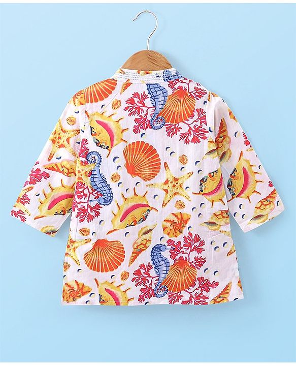 Babyhug Cotton Woven Kurta with Dhoti Set Sea Life Print - White & Yellow