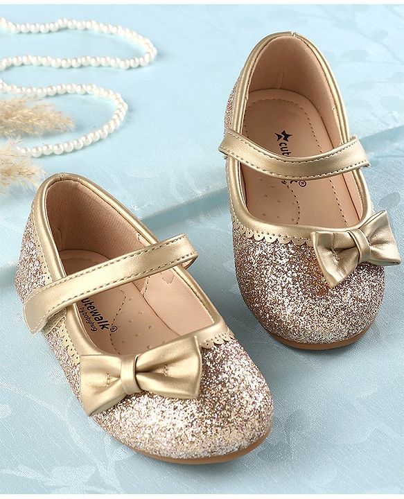 Cute Walk by Babyhug Party Wear Velcro Closure Belly Shoes Bow Appliques - Golden