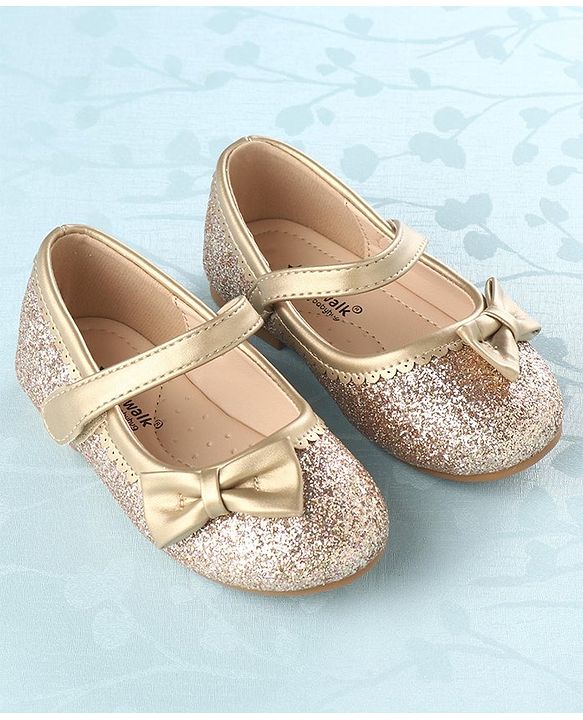 Cute Walk by Babyhug Party Wear Velcro Closure Belly Shoes Bow Appliques - Golden