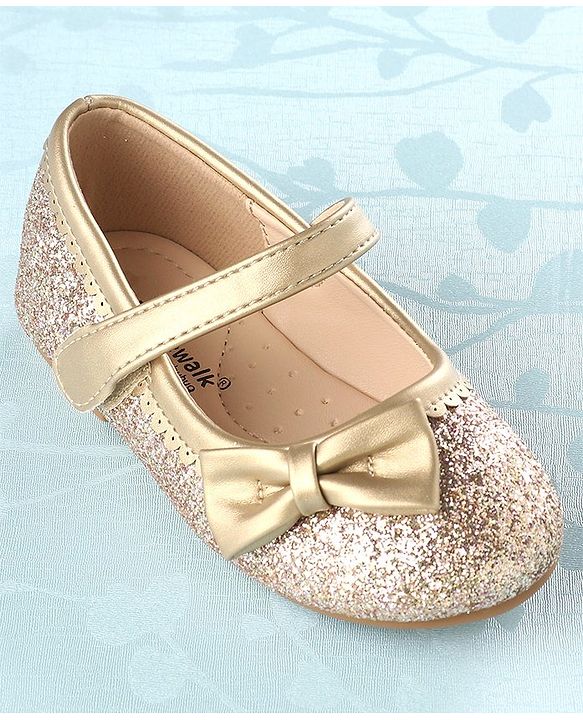 Cute Walk by Babyhug Party Wear Velcro Closure Belly Shoes Bow Appliques - Golden