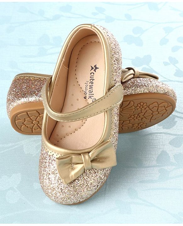 Cute Walk by Babyhug Party Wear Velcro Closure Belly Shoes Bow Appliques - Golden