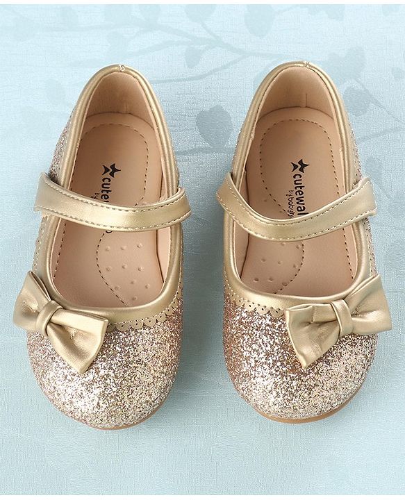 Cute Walk by Babyhug Party Wear Velcro Closure Belly Shoes Bow Appliques - Golden