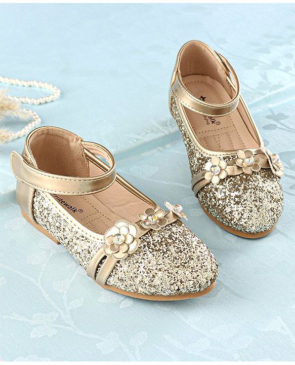 Cute Walk by Babyhug Front Strap Closure Bellies with Flower Applique and Embellishments - Golden
