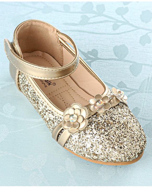 Cute Walk by Babyhug Front Strap Closure Bellies with Flower Applique and Embellishments - Golden