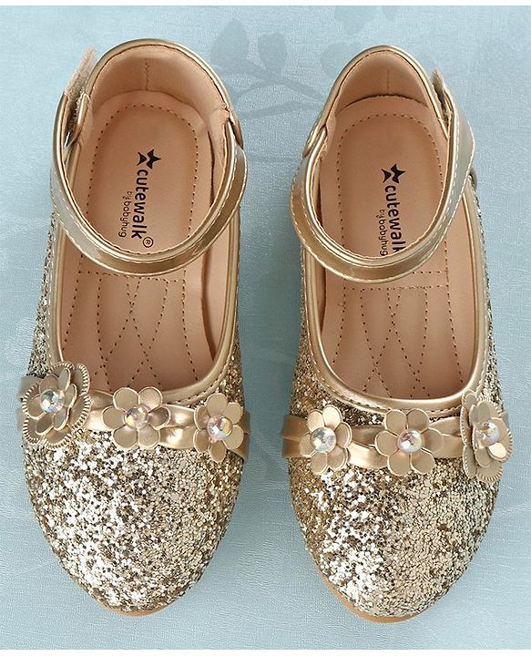 Cute Walk by Babyhug Front Strap Closure Bellies with Flower Applique and Embellishments - Golden