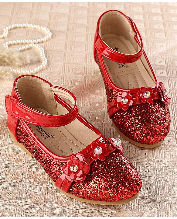 Cute Walk by Babyhug Front Strap Closure Bellies with Flower Applique and Embellishments - Red
