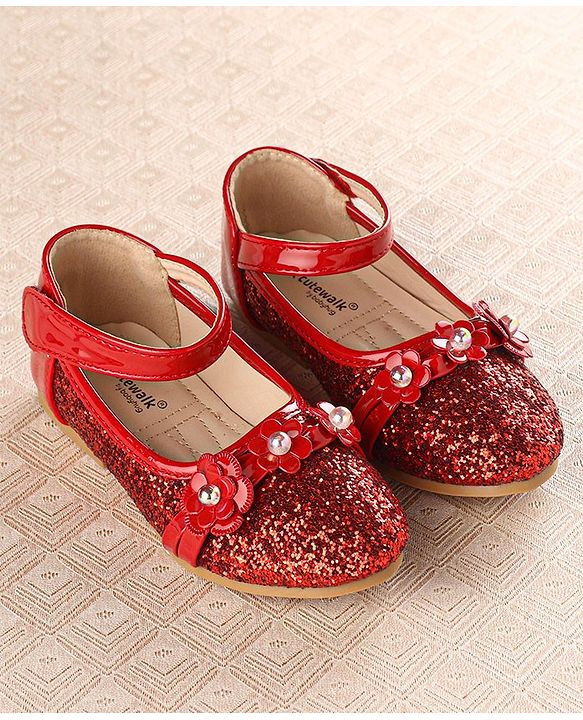 Cute Walk by Babyhug Front Strap Closure Bellies with Flower Applique and Embellishments - Red