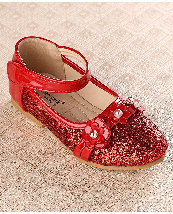 Cute Walk by Babyhug Front Strap Closure Bellies with Flower Applique and Embellishments - Red