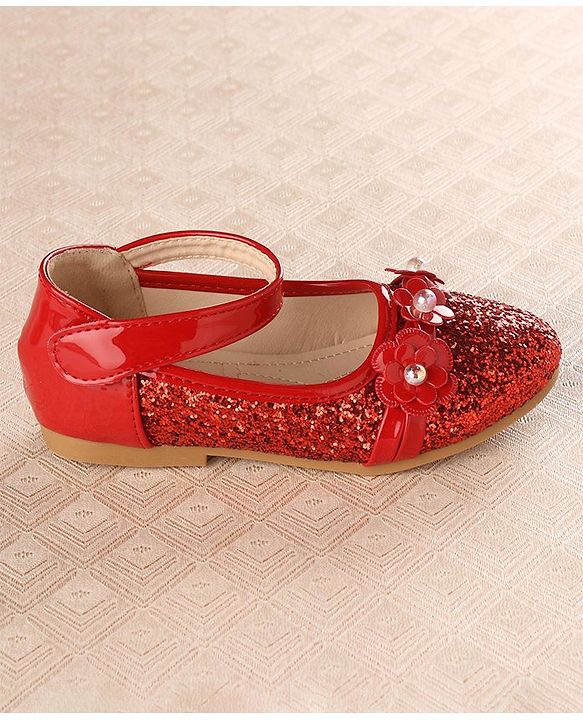 Cute Walk by Babyhug Front Strap Closure Bellies with Flower Applique and Embellishments - Red