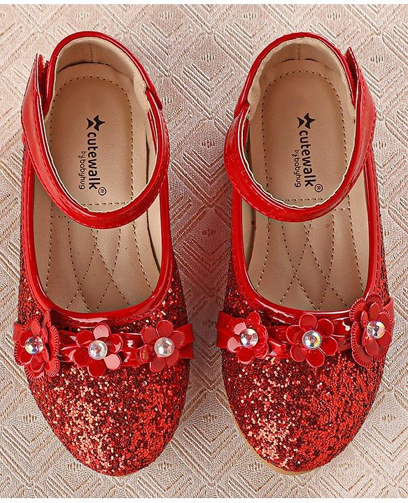 Cute Walk by Babyhug Front Strap Closure Bellies with Flower Applique and Embellishments - Red
