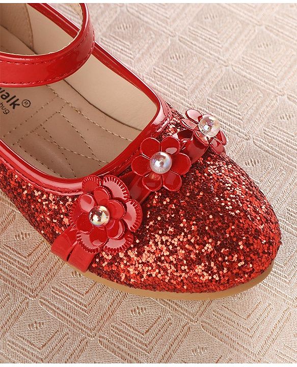 Cute Walk by Babyhug Front Strap Closure Bellies with Flower Applique and Embellishments - Red