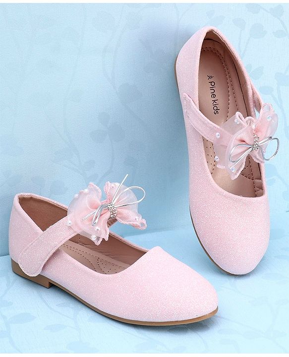 Pine Kids Slip On Party Wear Bellies with Bow Applique & Pearl Detailing - Pink