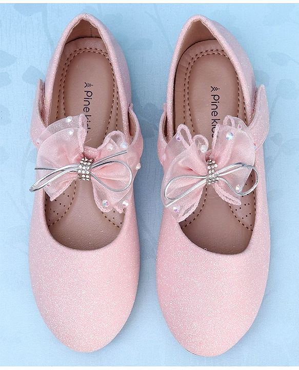Pine Kids Slip On Party Wear Bellies with Bow Applique & Pearl Detailing - Pink