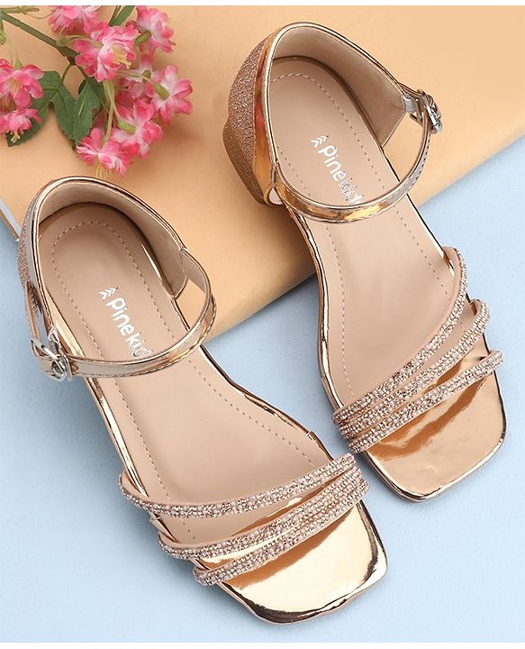 Pine Kids Slip On Sandals with Stone Detailing & Buckle Closure - Champagne Gold