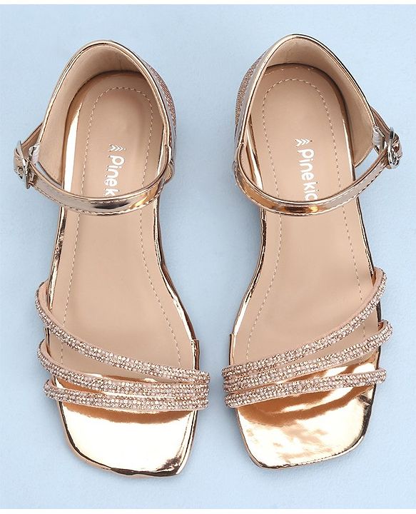 Pine Kids Slip On Sandals with Stone Detailing & Buckle Closure - Champagne Gold