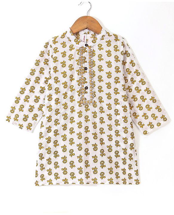 Babyhug Cotton Full Sleeves Kurta & Dhoti Set Floral Printed - Off White