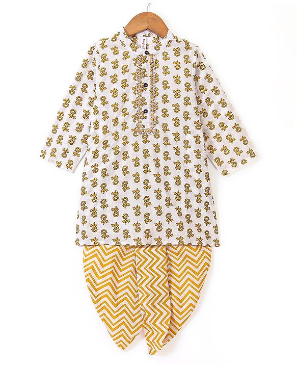 Babyhug Cotton Full Sleeves Kurta & Dhoti Set Floral Printed - Off White