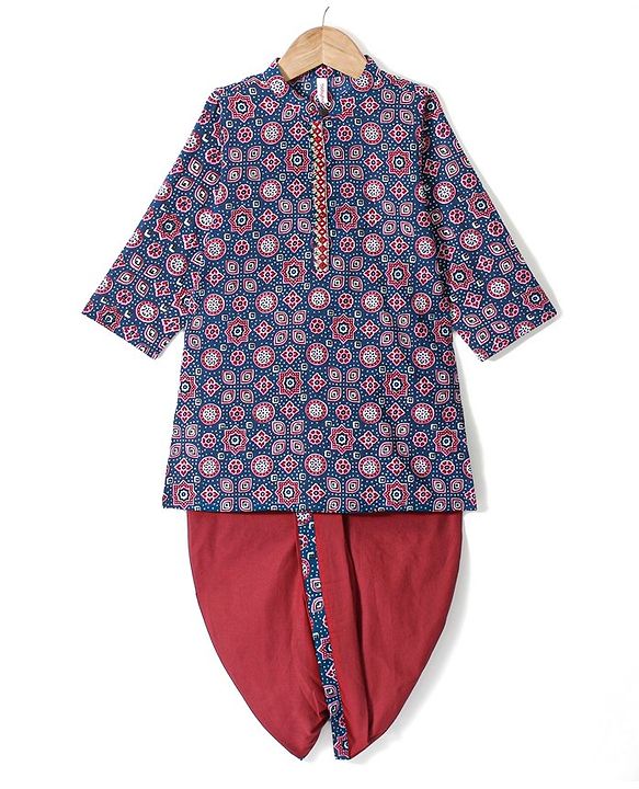 Babyhug 100% Cotton Woven Full Sleeve Floral Printed Kurta & Dhoti Set- Blue