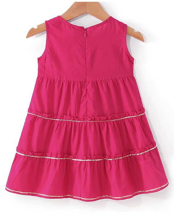 Babyhug Cotton Woven Cambric Printed Ethnic Dress with Three Fourth Sleeves Floral Printed Border Jacket - Mustard & Fuschia