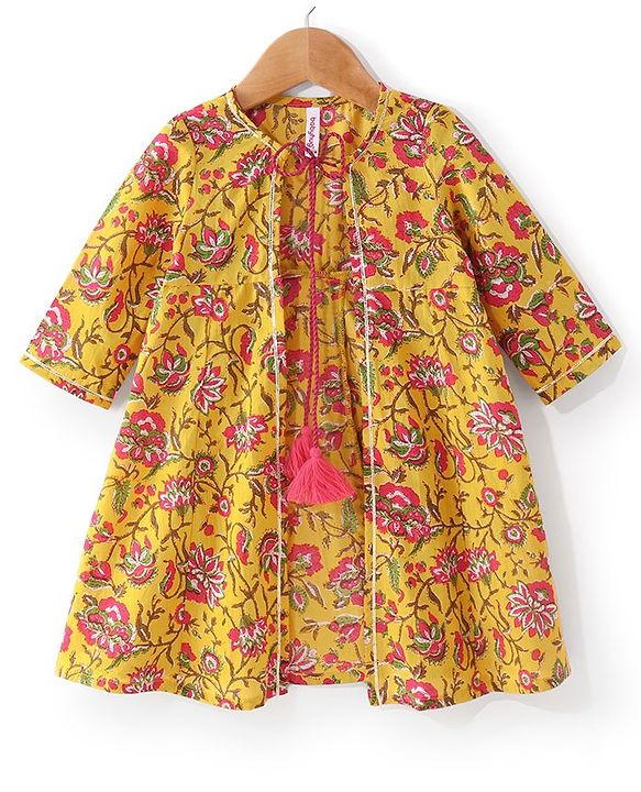 Babyhug Cotton Woven Cambric Printed Ethnic Dress with Three Fourth Sleeves Floral Printed Border Jacket - Mustard & Fuschia