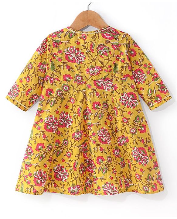 Babyhug Cotton Woven Cambric Printed Ethnic Dress with Three Fourth Sleeves Floral Printed Border Jacket - Mustard & Fuschia
