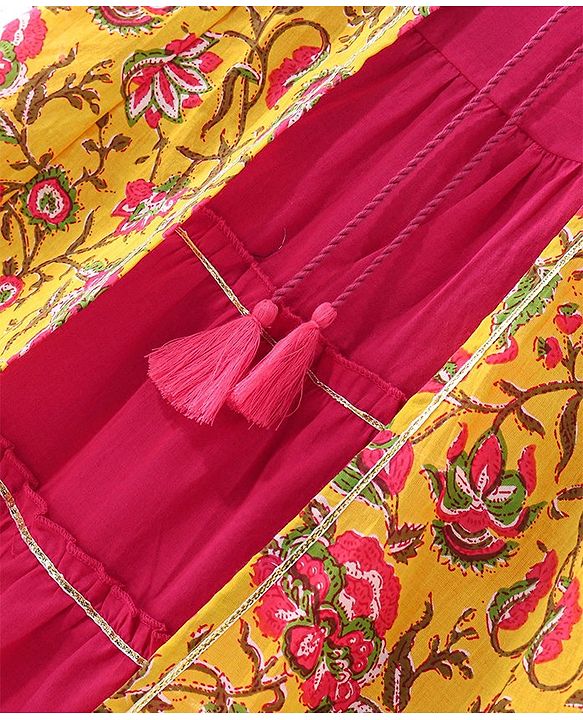 Babyhug Cotton Woven Cambric Printed Ethnic Dress with Three Fourth Sleeves Floral Printed Border Jacket - Mustard & Fuschia