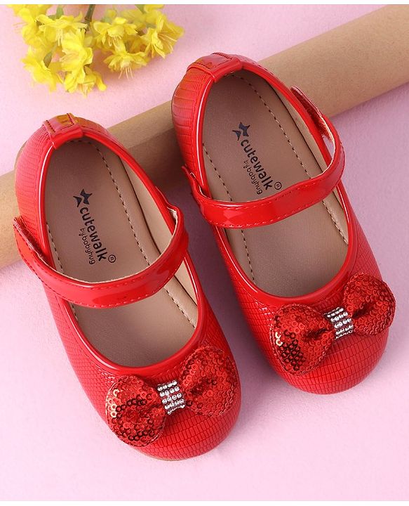 Cute Walk by Babyhug Sequined & Bow Applique Bellies with Velcro Closure - Red