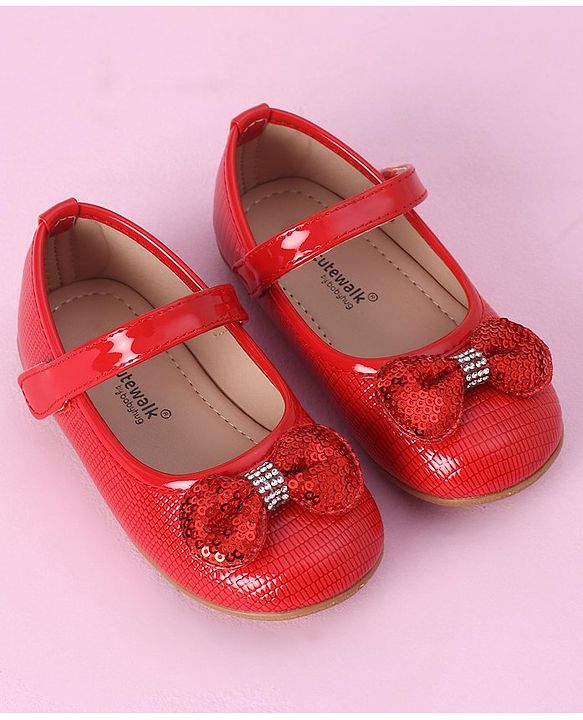 Cute Walk by Babyhug Sequined & Bow Applique Bellies with Velcro Closure - Red