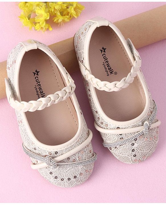 Cute Walk by Babyhug Velcro Closure Bellies with Sequins & Stonework - Beige