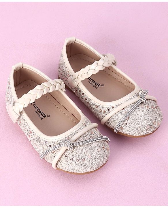 Cute Walk by Babyhug Velcro Closure Bellies with Sequins & Stonework - Beige