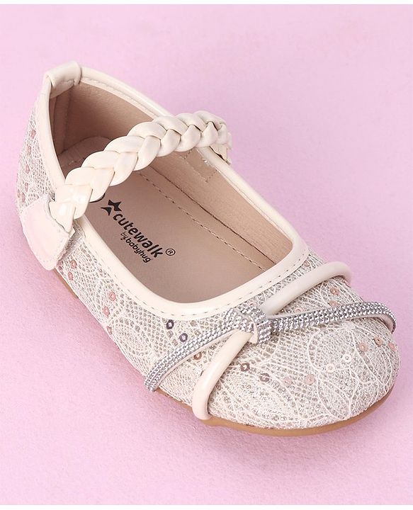Cute Walk by Babyhug Velcro Closure Bellies with Sequins & Stonework - Beige