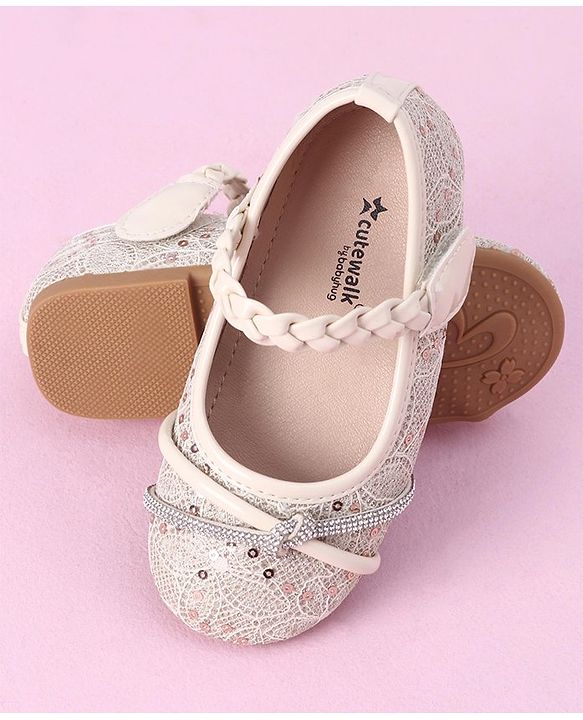 Cute Walk by Babyhug Velcro Closure Bellies with Sequins & Stonework - Beige