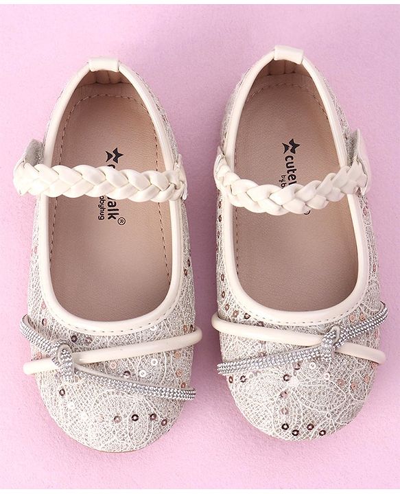 Cute Walk by Babyhug Velcro Closure Bellies with Sequins & Stonework - Beige