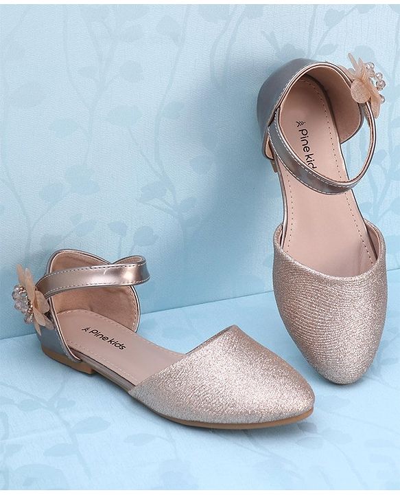 Pine Kids Velcro Closure Shimmer Striped Bellies with Floral Applique - Beige