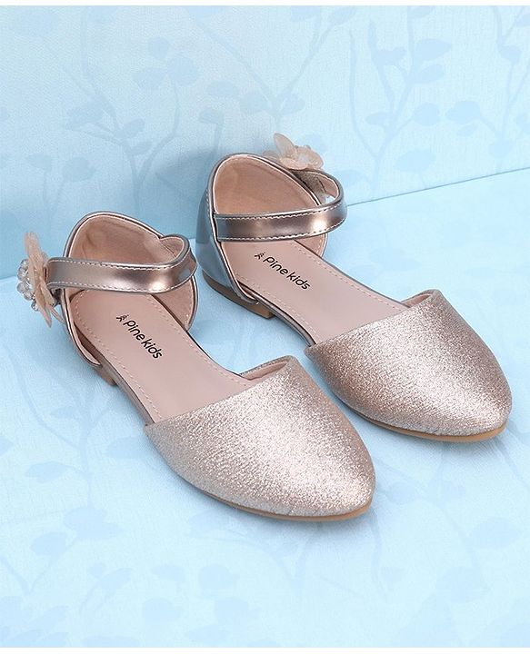Pine Kids Velcro Closure Shimmer Striped Bellies with Floral Applique - Beige