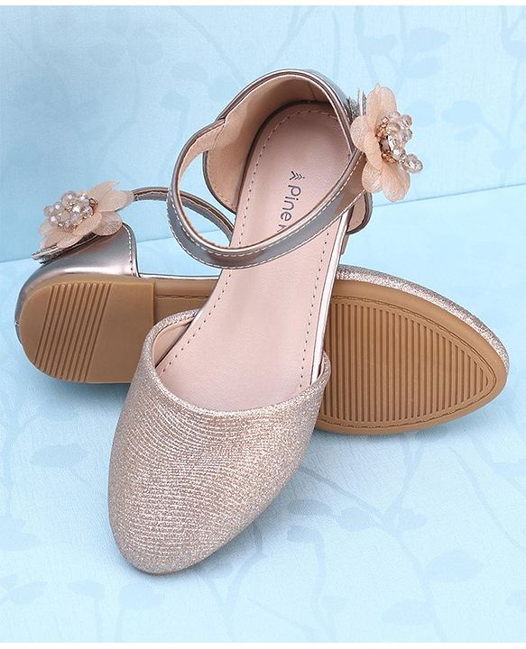 Pine Kids Velcro Closure Shimmer Striped Bellies with Floral Applique - Beige
