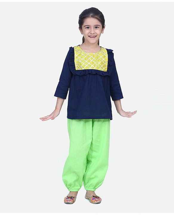 Buy BownBee Full Sleeve Checked Embellished Top With Harem Pant Indo  Western Set Blue for Girls (6-12Months) Online in India, Shop at   - 14056437