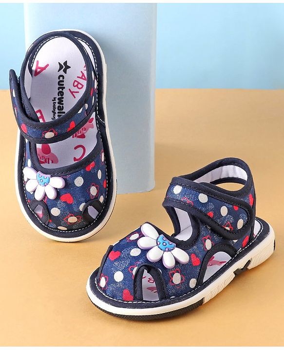 Cute Walk by Babyhug Sandals with Velcro Closure Floral Print with Applique - Blue